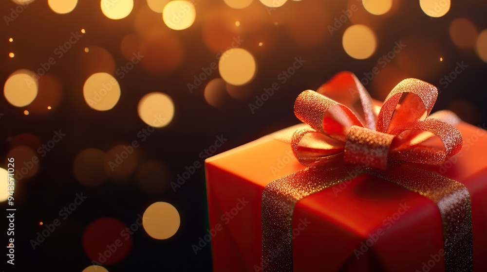 A beautifully wrapped red gift box adorned with a shiny bow, glowing against a festive background of soft bokeh lights. A beautifully wrapped red gift box adorned with a shiny bow, glowing against a festive background of soft bokeh lights.