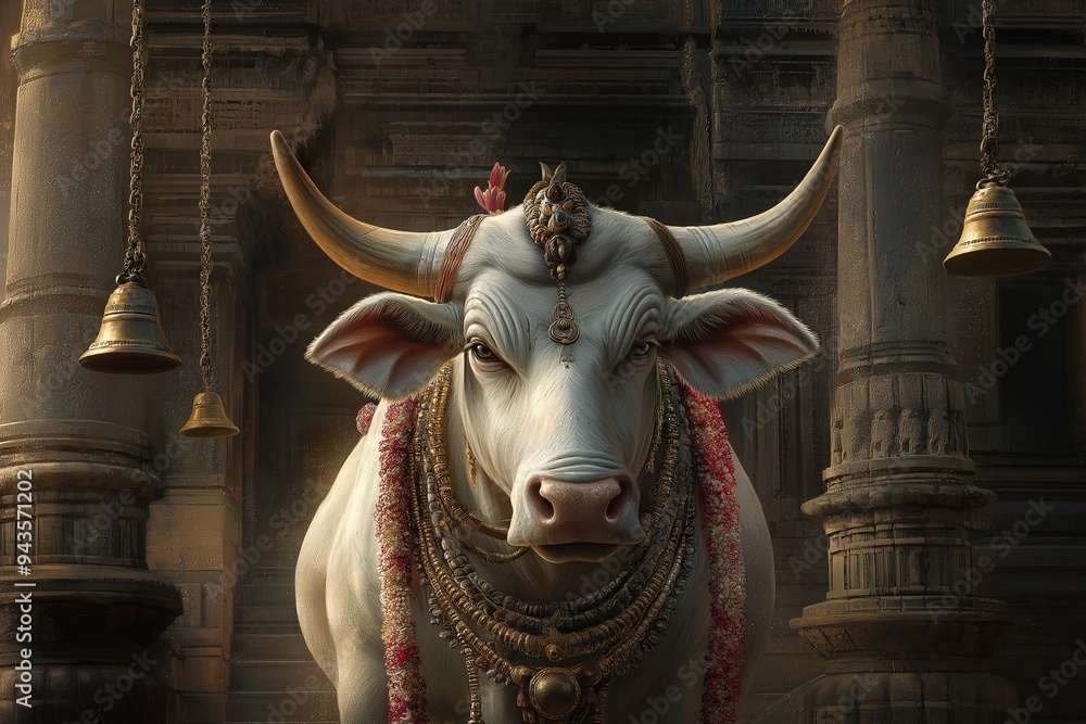 Depiction of Nandi, the sacred bull and loyal vehicle of Lord Shiva, often portrayed sitting majestically with a calm and serene expression Depiction of Nandi, the sacred bull and loyal vehicle of Lord Shiva, often portrayed sitting majestically with a calm and serene expression