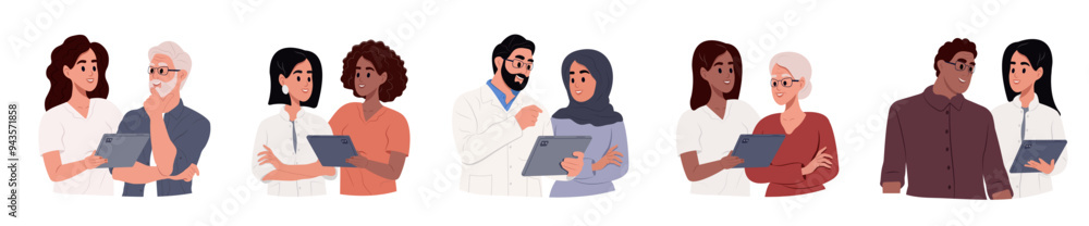 Doctors and people of different races and ages. Doctors talk to patients using tablet in consultation. Vector illustration in a simple style Doctors and people of different races and ages. Doctors talk to patients using tablet in consultation. Vector illustration in a simple style