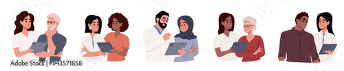 Doctors and people of different races and ages. Doctors talk to patients using tablet in consultation. Vector illustration in a simple style