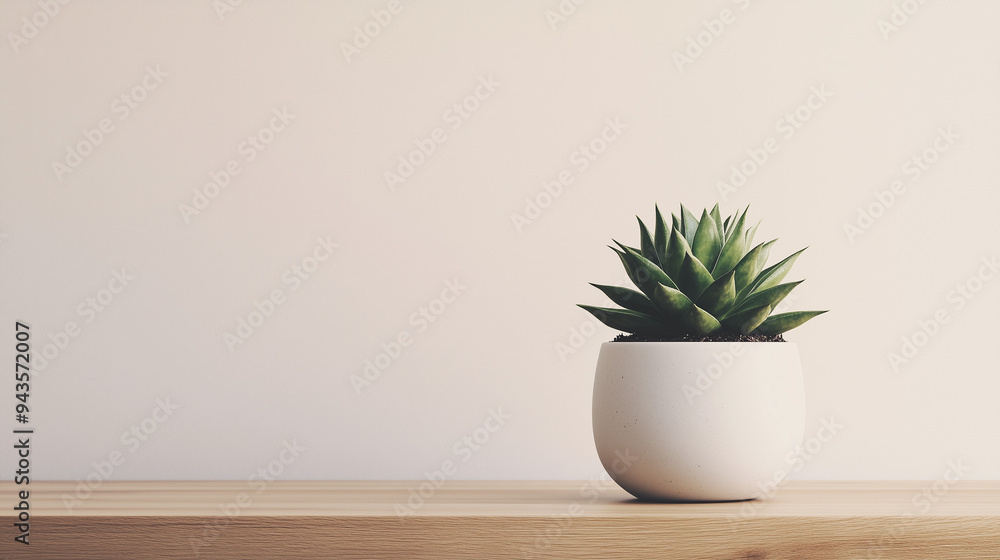 Fototapeta premium Minimalist white potted plants on wooden table, with white background, Ai generated Images