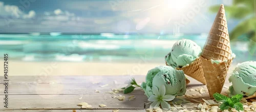 Obraz  z motywem A summer themed copy space image featuring mint ice cream scoops in waffle cones on a wooden table set against a blurred tropical beach backdrop