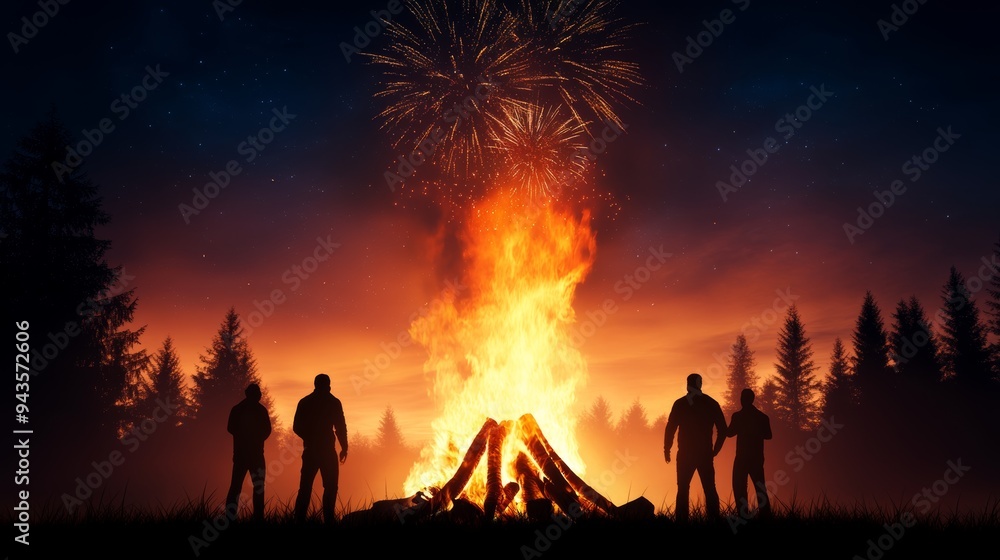 Fototapeta premium Friends enjoy a bonfire under fireworks in a forest during a summer night gathering