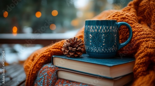 Wallpaper Mural A cozy gathering of books, a mug, and a pinecone on a knitted blanket in a serene winter setting Torontodigital.ca