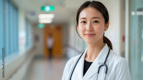 Portrait of East Asian female woman doctor in white coat with stethoscope smiling clinic hospital background