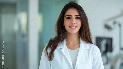 Portrait of Middle Eastern female woman doctor in white coat with stethoscope smiling clinic hospital background