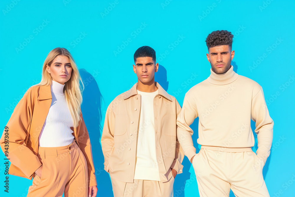 Models in Fashionable Outfits Against Bright Blue Background Models in Fashionable Outfits Against Bright Blue Background