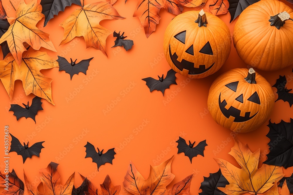 Cheerful Halloween setup with pumpkins, black bats, and autumn leaves on a bright orange background. Festive and fun decor. Cheerful Halloween setup with pumpkins, black bats, and autumn leaves on a bright orange background. Festive and fun decor.