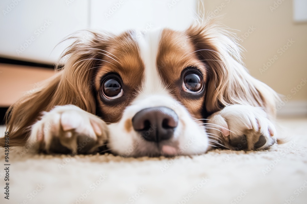 Naklejka premium An adorable dog with expressive big eyes lays on the carpet, looking endearing and capturing pet lovers' hearts.