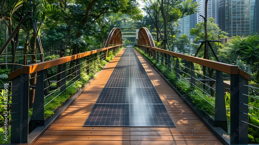 Fototapeta premium Sustainable Pedestrian Bridge with Solar Panels and Lush Greenery in Urban Setting