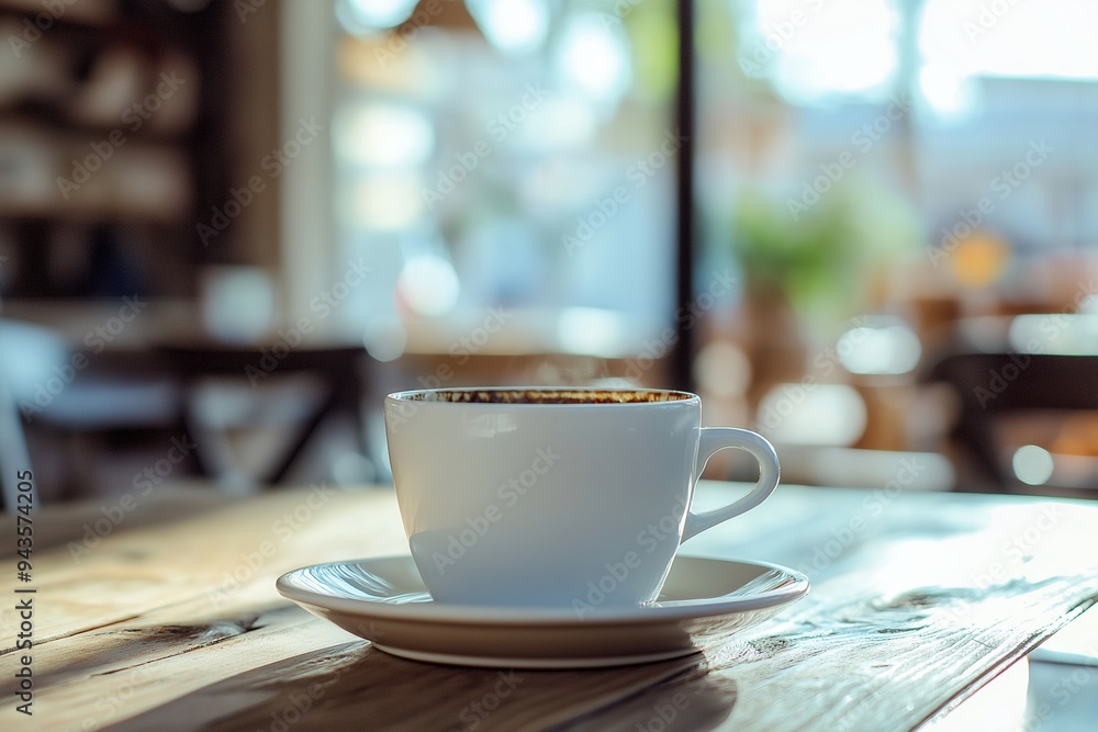 A white ceramic cup on a matching saucer, placed on a wooden table in a cozy, sunlit café setting. A white ceramic cup on a matching saucer, placed on a wooden table in a cozy, sunlit café setting.