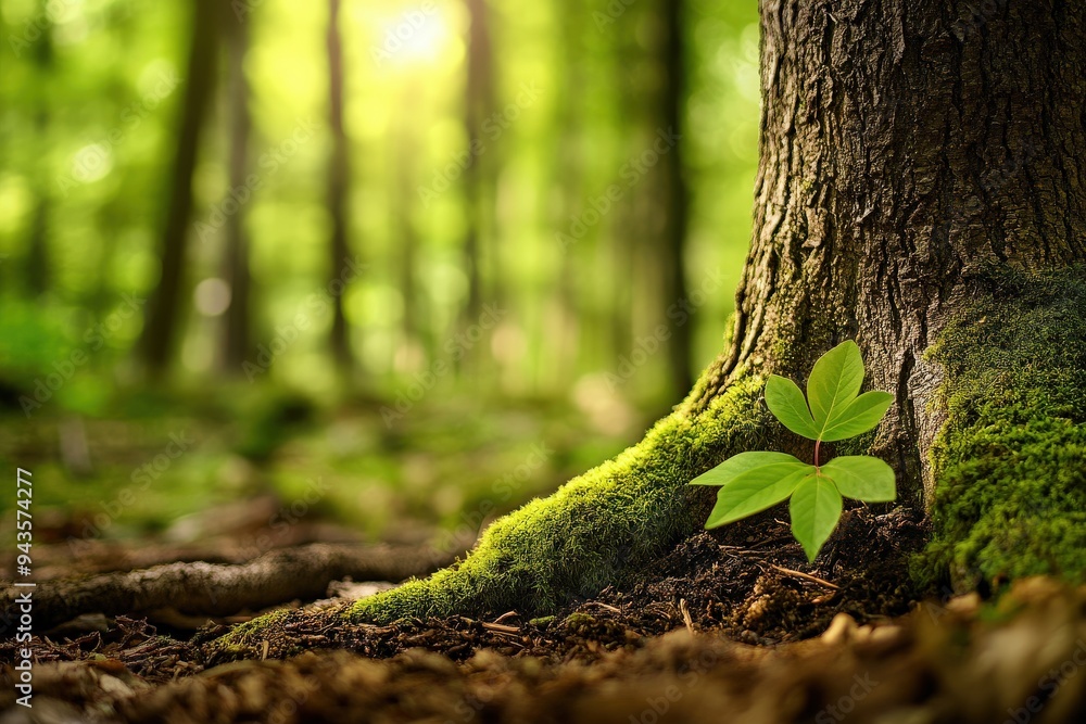 Fototapeta premium A young green sapling with vibrant leaves grows beside a large, moss-covered tree trunk in a lush forest, illuminated by soft, warm sunlight filtering through the trees.