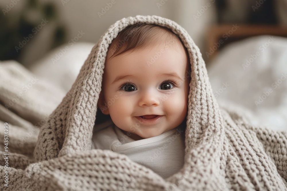 Cute baby snuggled in a warm, knitted blanket, looking at the camera.
Cute baby snuggled in a warm, knitted blanket, looking at the camera.