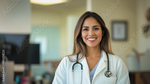 Portrait of  Latina female woman doctor in white coat with stethoscope smiling clinic hospital background