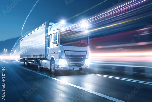 motion blur of a fast moving truck on the highway, black and blue neon colors