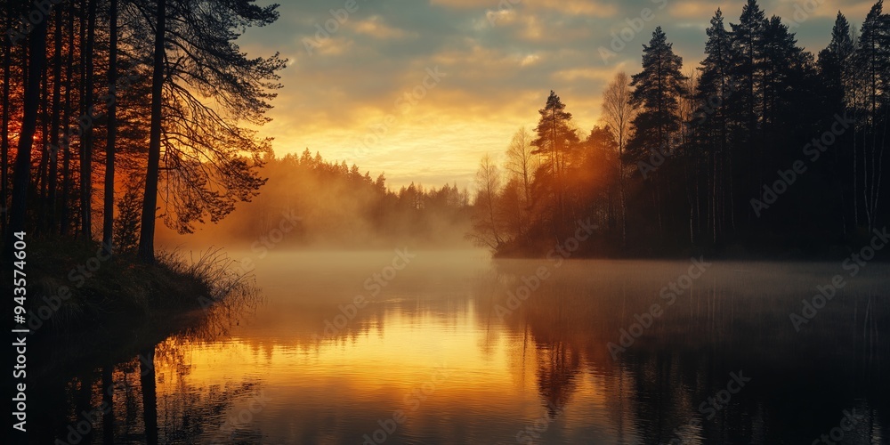 A serene lake at sunrise with a golden sky reflected on the water, surrounded by trees and mist, creating a peaceful scene. A serene lake at sunrise with a golden sky reflected on the water, surrounded by trees and mist, creating a peaceful scene.