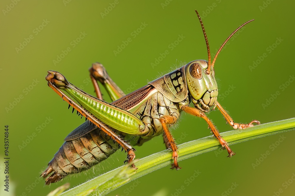 Macro shot of a green grasshopper standing on a grassy blade, showing detailed textures and natural colors. Macro shot of a green grasshopper standing on a grassy blade, showing detailed textures and natural colors.