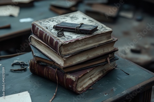 An evocative image showing a stack of worn vintage books topped with a feather quill on a rustic wooden table, reflecting a sense of history and knowledge.