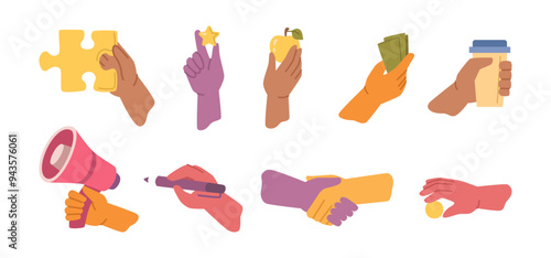 Hand process of searching statistics data consider creativity, flat cartoon vector. Handshake sing of interaction, holding megaphone and cash, pen and coffee. Teamwork and development set