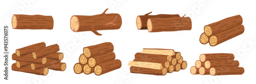 Lumberjack or woodcutter work, isolated wooden resources or raw materials. Vector logs from tree, woodwork or forest, woods. Hardwoods construction materials. Nature and ecological building element