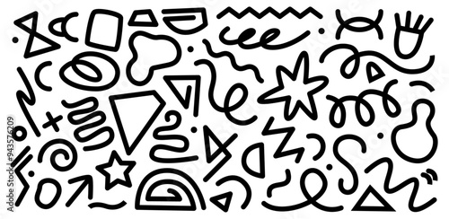 Scribbles and line shape decoration. Vector isolated set of fun handwritten or drawn artistic elements. Graffiti or personal style or artist. Pencil or pen, marker grunge arrows and stars