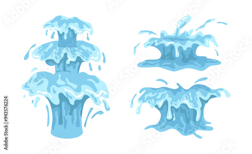 Sea or river splash, fountain waves spill, dripping water drops. Vector isolated set of streams liquid elements. Liquid spattering fluids. Seawater motion effects and flows, rainwater plashing