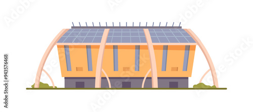 Stadium, sport building arena, vector swimming pool exterior. Public stadium front view, city playground for sport activities. Modern construction with entrance for soccer or football championship
