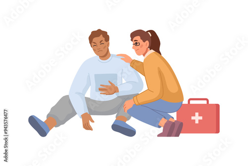 First aid for man sitting on floor, woman with medical kit doing procedures, flat cartoon people vector illustration. Ambulance emergency and resuscitation, rescue training, person reanimation