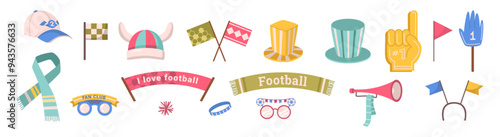 Collection of soccer game sport championship fan elements. Vector competition match attributes. Isolated noise maker and flags, scarves and hats, glasses and bracelets, hands and banner