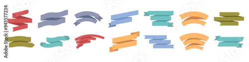 Ribbon elements set, isolated swirled long strip labels. Vector vintage paper band with copy space. Collection of modern simple silk pieces of straps. Tape banners with copy space for greetings
