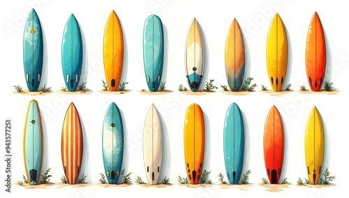 Surfboard collage featuring various designs