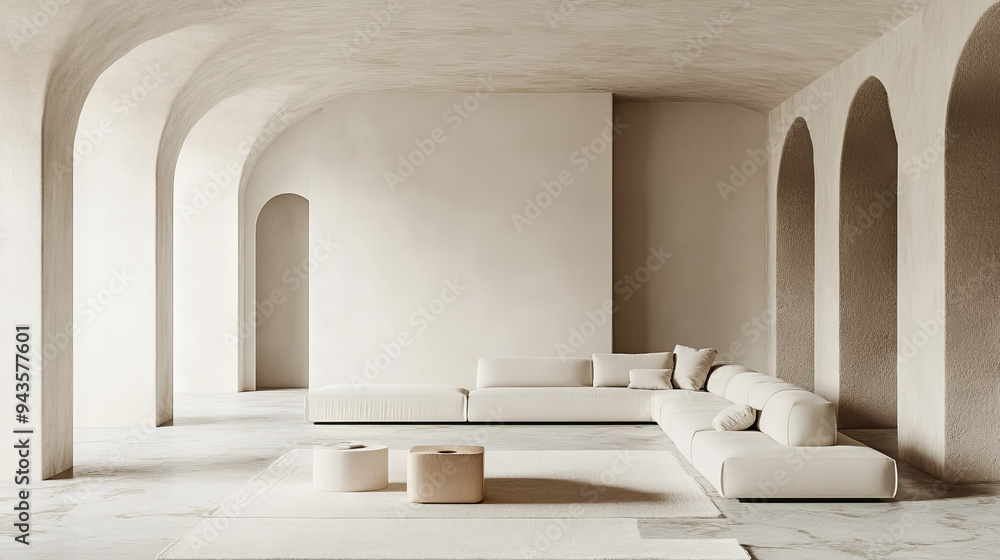 A minimal modern living room with a sofa and carpet in white and beige tones, featuring a stone marble floor and vaulted ceiling. Showcasing Scandinavian interior design in a 3D illustration. A minimal modern living room with a sofa and carpet in white and beige tones, featuring a stone marble floor and vaulted ceiling. Showcasing Scandinavian interior design in a 3D illustration.