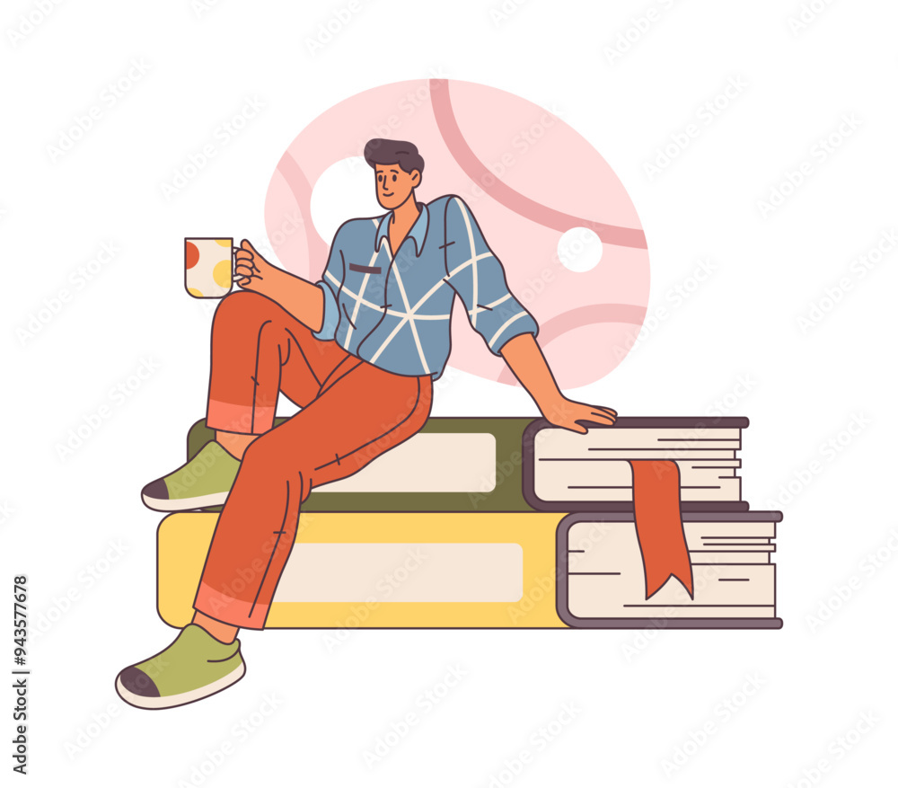 Male personage reading book with cup of coffee or tea, preparing for school or university exam. Reader with publications and novels getting to know info. Flat cartoon style character vector Male personage reading book with cup of coffee or tea, preparing for school or university exam. Reader with publications and novels getting to know info. Flat cartoon style character vector