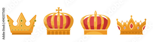 Royal symbol of power and monarchy. Vector isolated realistic wealthy golden crowns for queens and kings, princesses and princes. Medieval design of gold and gemstones jewelry on coronet