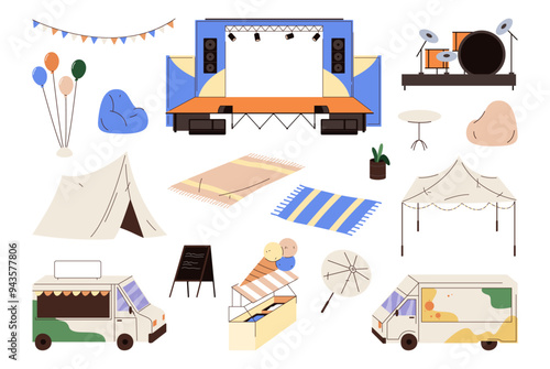 Scene for open air music festival. Vector isolated set of lounge and food courts zones for visitors. Tents for sleeping and resting, stage for artists, lights decorative balloons for show performance