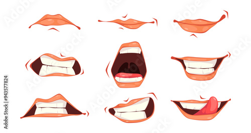Mimics of cartoon character, isolated set of emotional parts of face. Vector facial expression of shouting, smile and anger, disgust and grinning. Playful mood, showing tongue or irritation