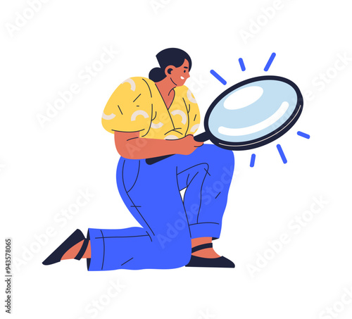 Woman analyzing with big magnifier stationery tool. Vector female person holding in hands giant magnifying glass or loupe and looking far ahead. Curious spy cartoon explorer with stationery tool