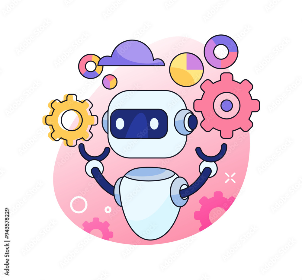 Robot with artificial intelligence, isolated bot or android with settings and analysis of info. Vector business help, ai technology and creative thinking progress, process of creation engineering Robot with artificial intelligence, isolated bot or android with settings and analysis of info. Vector business help, ai technology and creative thinking progress, process of creation engineering