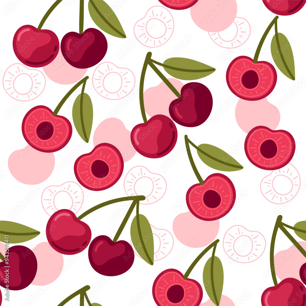 Seamless pattern Red ripe cherry berry with green leaf. Whole and halves cherry with seed. Fresh and juicy nature of the fruits. Vector illustration on white background Seamless pattern Red ripe cherry berry with green leaf. Whole and halves cherry with seed. Fresh and juicy nature of the fruits. Vector illustration on white background