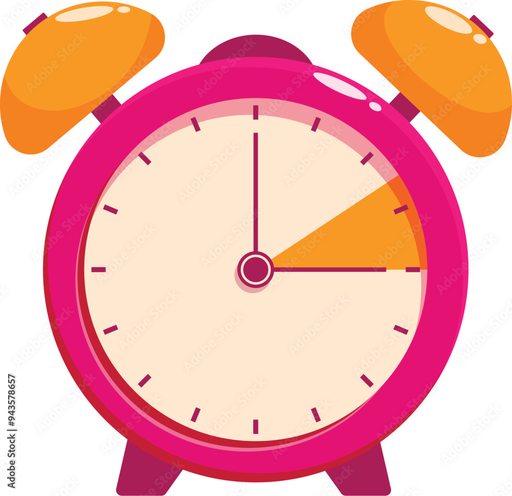 Pink alarm clock with orange bells showing the time approaching five o'clock Pink alarm clock with orange bells showing the time approaching five o'clock