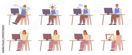 Employees working on laptops at home or office. Vector isolated people focused on task, confused or frustrated personages. Chatting and communicating with clients, online help information