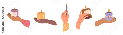 Aromatic candles for home in hands. Vector isolated set of teacandles with flames and warm light. Illumination and candlelight, aroma or decoration for interior of apartment or dwelling