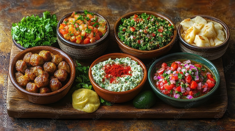 Lebanese food set with tabbouleh, kibbeh, and baba ghanoush Lebanese food set with tabbouleh, kibbeh, and baba ghanoush