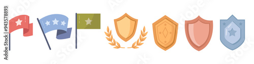 Flags with stars, finish or victory. Vector isolated set of awards shields with copy space. Badge for game level achievement, completing of challenge or competition. Gold, silver and bronze