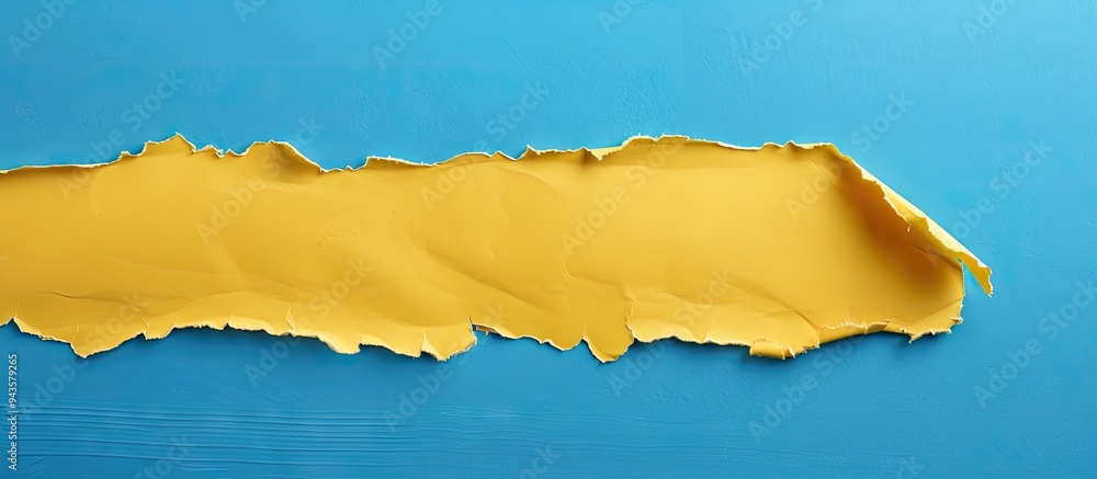 Yellow paper with a tear set against a blue backdrop conveys a symbolic message on global recession Features copy space for further inclusion in the image Yellow paper with a tear set against a blue backdrop conveys a symbolic message on global recession Features copy space for further inclusion in the image