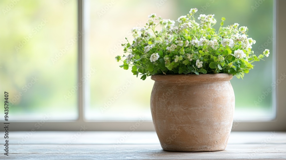 A rustic clay vase with flowers growing in unconventional directions, from the sides and base, creating a unique, whimsical floral display A rustic clay vase with flowers growing in unconventional directions, from the sides and base, creating a unique, whimsical floral display