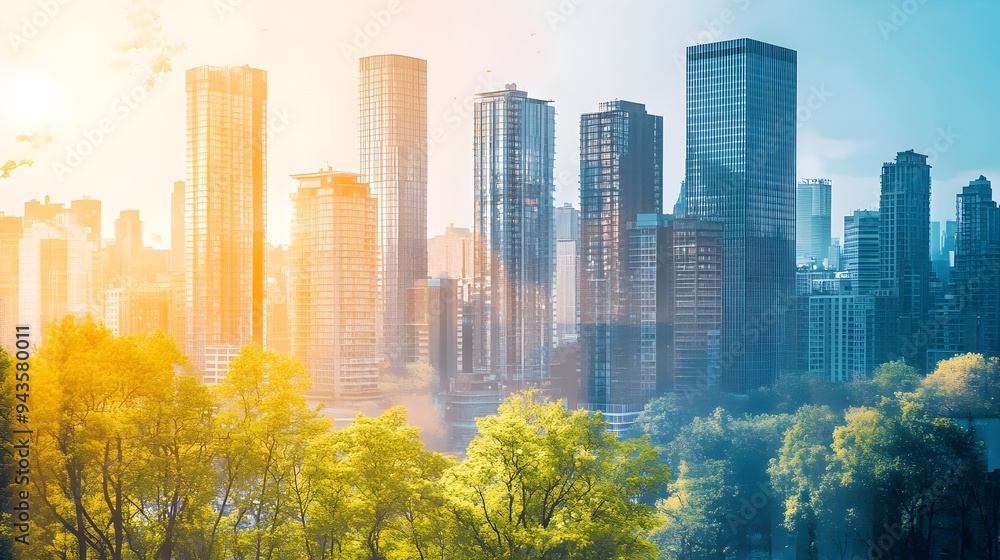 Obraz premium Photograph of a modern city skyline with a carbon credit concept overlay highlighting the potential for sustainable urban development and green infrastructure