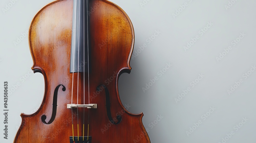 An exquisite cello, artfully positioned against a pristine white backdrop, reveals its graceful curves, gleaming wood exterior An exquisite cello, artfully positioned against a pristine white backdrop, reveals its graceful curves, gleaming wood exterior