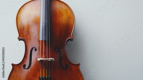 An exquisite cello, artfully positioned against a pristine white backdrop, reveals its graceful curves, gleaming wood exterior