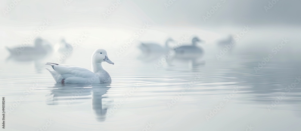 A tranquil view of white ducks peacefully swimming in still water is shown in this photo with a prominent single duck in the foreground copy space image A tranquil view of white ducks peacefully swimming in still water is shown in this photo with a prominent single duck in the foreground copy space image